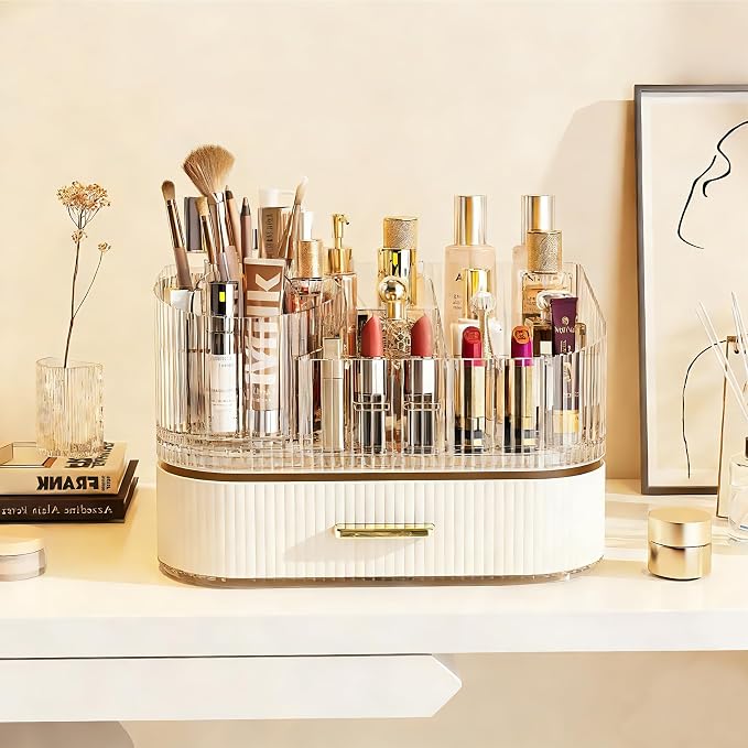 Makeup Organizer with 360° Rotating Brush Holder and Stackable Drawers - Image 2