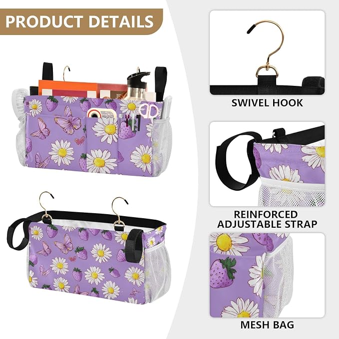 Purple Cute Daisy Butterflies Strawberry Bedside Caddy - Image 5