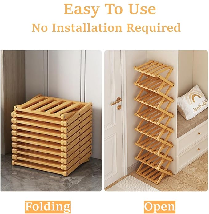 5 Tier Foldable Shoe Rack, Bamboo Vertical Shoe Organizer Tall - Image 5