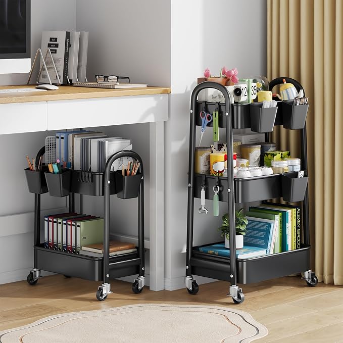 2 Tier Rolling Cart Metal on Wheels, Two Tiered Short Storage Side Table - Image 3