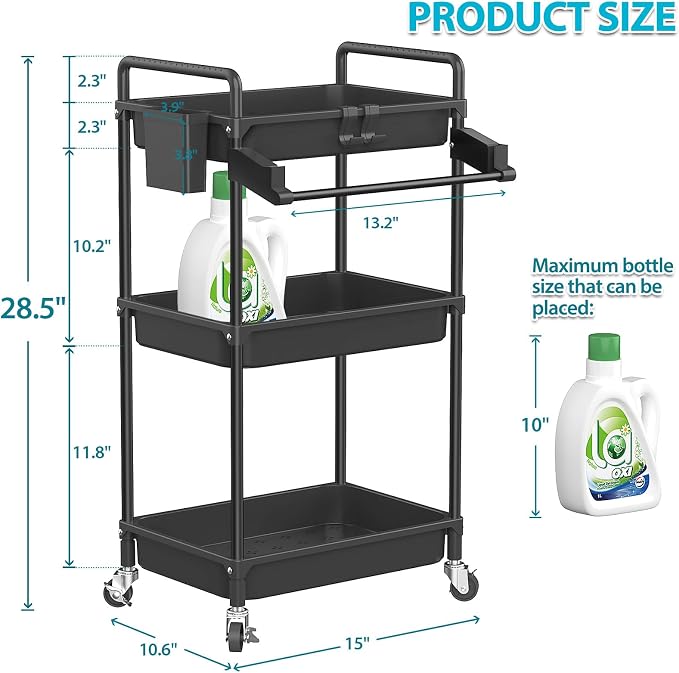 SPACEKEEPER Rolling Storage Cart, 3 Tier Utility Cart Laundry Room Organization - Image 4