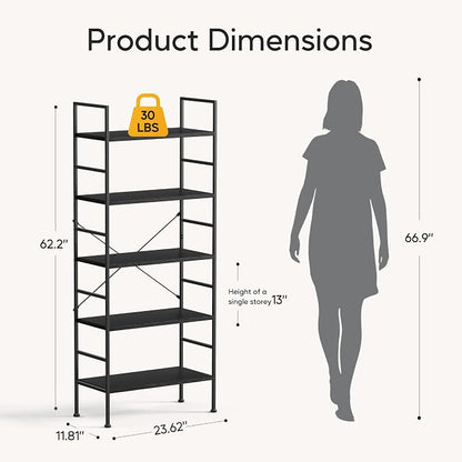 HealSmart 5 Tier Bookshelf, Free Standing Book Shelf Home Office Bookcase Shelf - Image 3