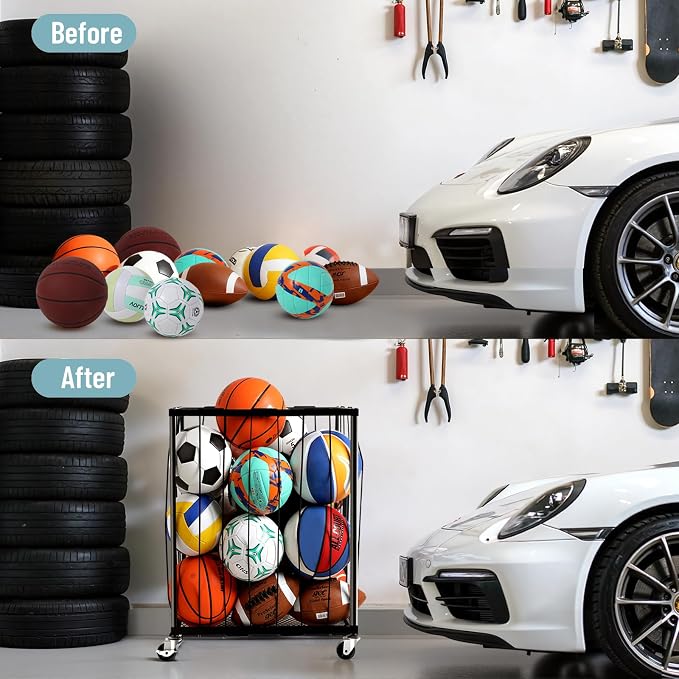 TomCare Garage Ball Rolling Storage Rack Large Capacity Basketball Holder - Image 6