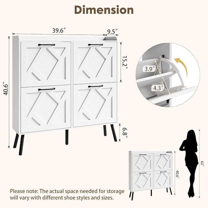Nicetree Shoe Cabinet with 4 Flip Drawers, Freestanding Shoe Organizer Cabinet - Image 2