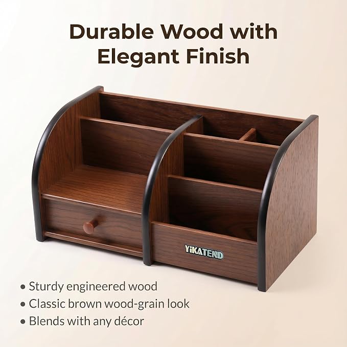 Wooden Desk Organizer with Drawer, Remote Control, Makeup & Accessories - Image 6