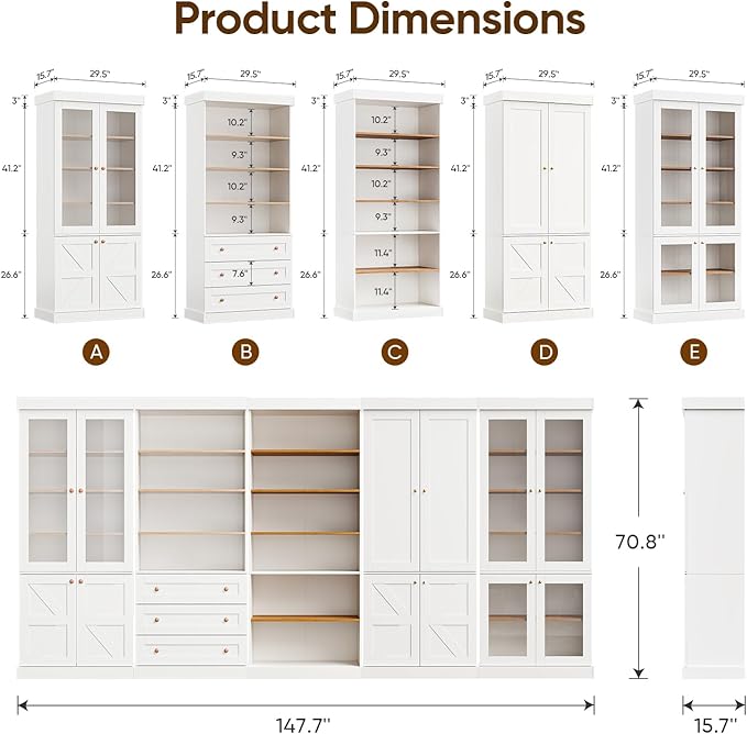 ivaniti 70.8" Bookshelf with Glass Doors, Farmhouse Modular Bookcase with - Image 6