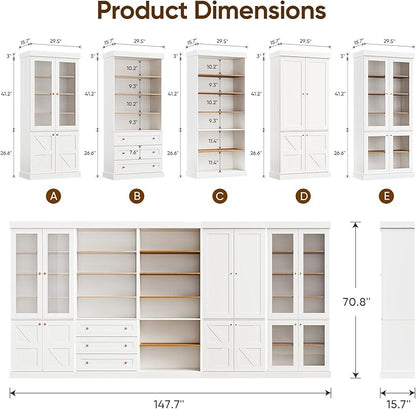 ivaniti 70.8" Bookshelf with Glass Doors, Farmhouse Modular Bookcase with - Image 6
