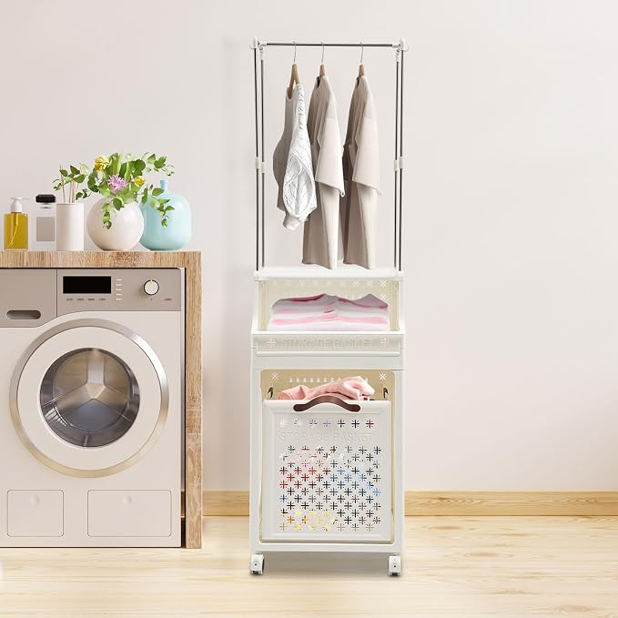 Rolling Laundry Hamper with Hanging Rod, 3-Tier Laundry Hamper Cart with 6 Hooks - Image 3