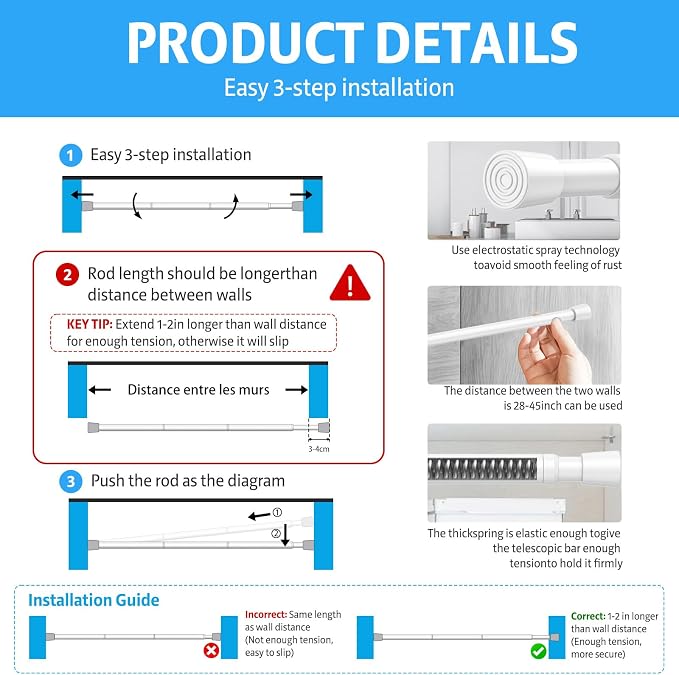 3 Pack Spring Tension Rod, Adjustable 28-45 Inch No Drill, Fits Windows Kitchen - Image 9