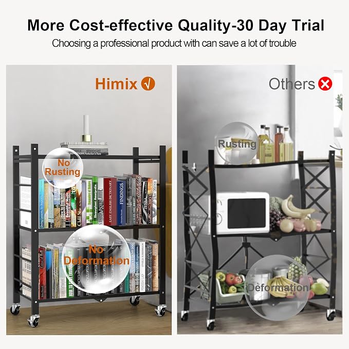 Himix Storage Shelves with 6 Hooks, 3 Tier Foldable Shelf with Wheels, Metal - Image 7