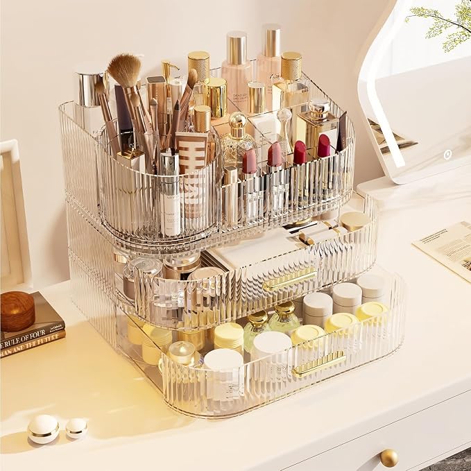 Makeup Organizer with Drawers and 360° Rotating Brush Holder, Large Capacity - Image 4