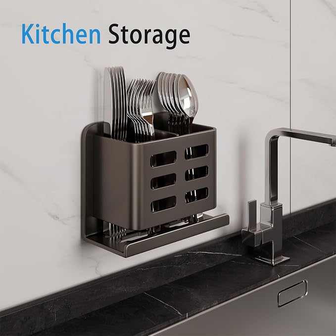Black Wall-Mounted Toothbrush Holder, Aluminum Material Shower Shaver Storage - Image 5