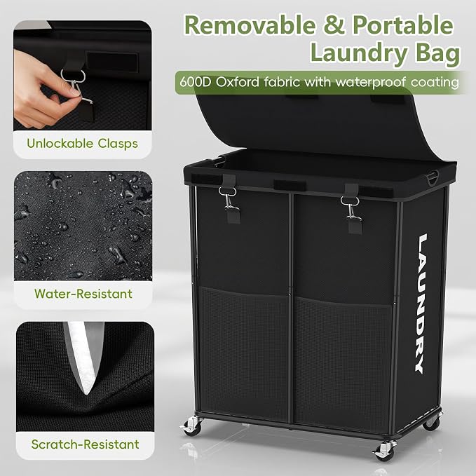 Laundry Hamper with Wheels and Lid, 225L Heavy Duty Rolling Laundry Basket - Image 6