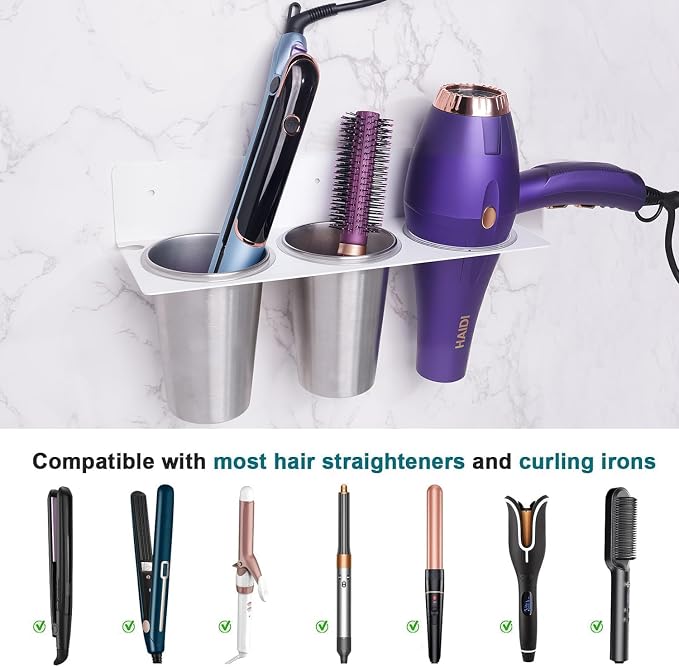 Hair Tool Organizer, Hair Dryer Holder wtih 2 Cups, Hot Tool Organizer Wall - Image 4