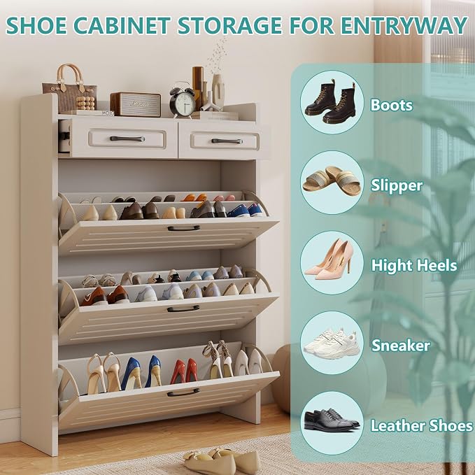 Shoe Cabinet with 3 Large Flip Drawers and 2 Storage Drawers, Narrow Shoe - Image 7