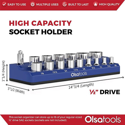 Olsa Tools Magnetic Socket Organizer | 1/2-inch Drive | SAE | Blue | Holds 16 - Image 3