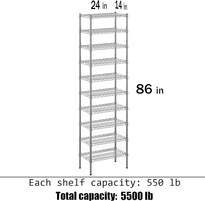 14" Deep x 24" Wide x 86" Height Wire Shelving Kit | 10-Tier | NSF Commercial - Image 3
