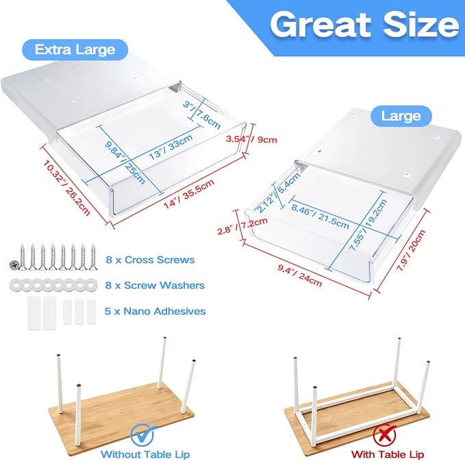 OSPNIEEK Self-adhesive Under Desk Drawer Organizer, 2 Pack Table Hidden Slide - Image 5