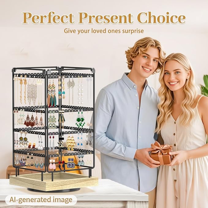 MODOWEY 4 Tier Rotating Earring Holder Organizer Metal Wooden Display Stand | - Image 7