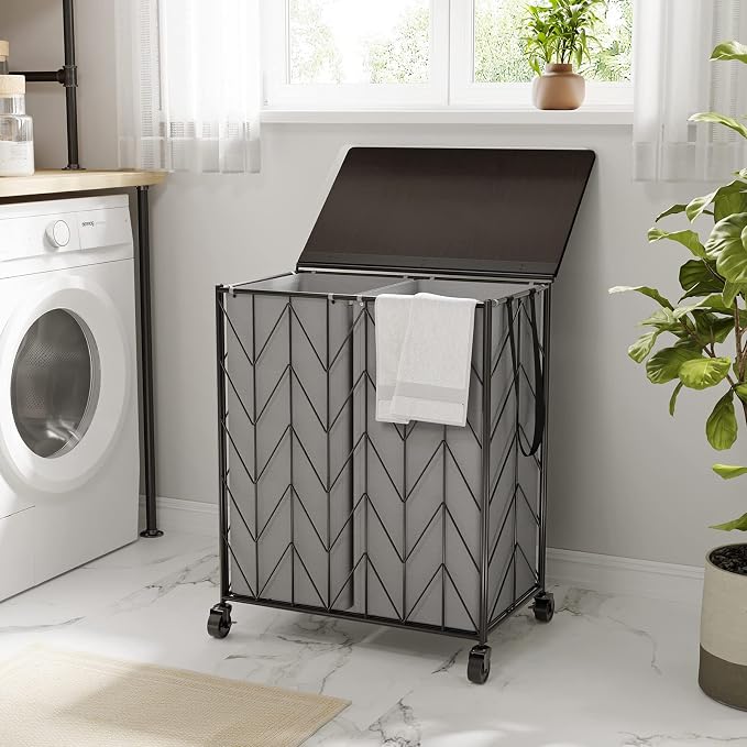 WOWLIVE Laundry Basket with Wheels, Heavy Duty Laundry Hamper with Wood Lid - Image 3
