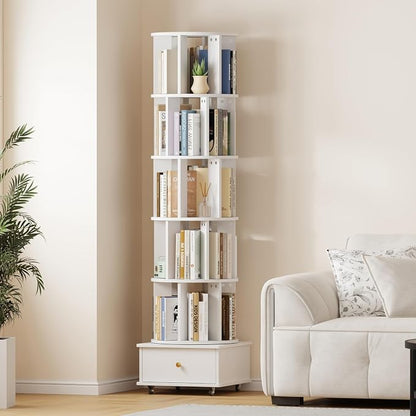 Rotating Bookshelf with Drawers on Lockable Wheels Wood White | 6 Tier Spinning by LMSXG-MZ