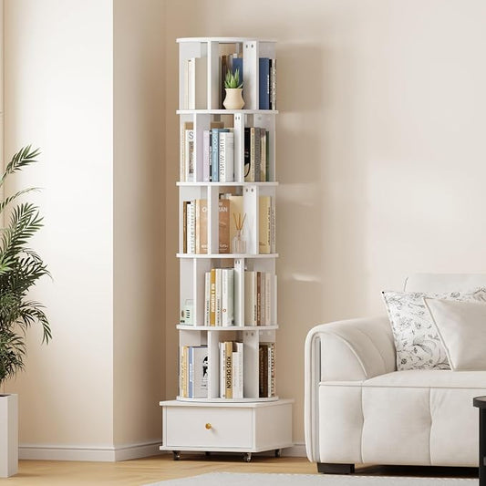 Rotating Bookshelf with Drawers on Lockable Wheels Wood White | 6 Tier Spinning by LMSXG-MZ