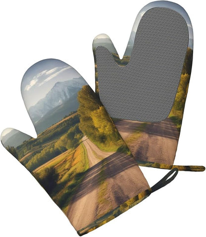 Countryside Road Print Oven Mitts Set of 2, Heat Resistant Silicone Oven - Image 3