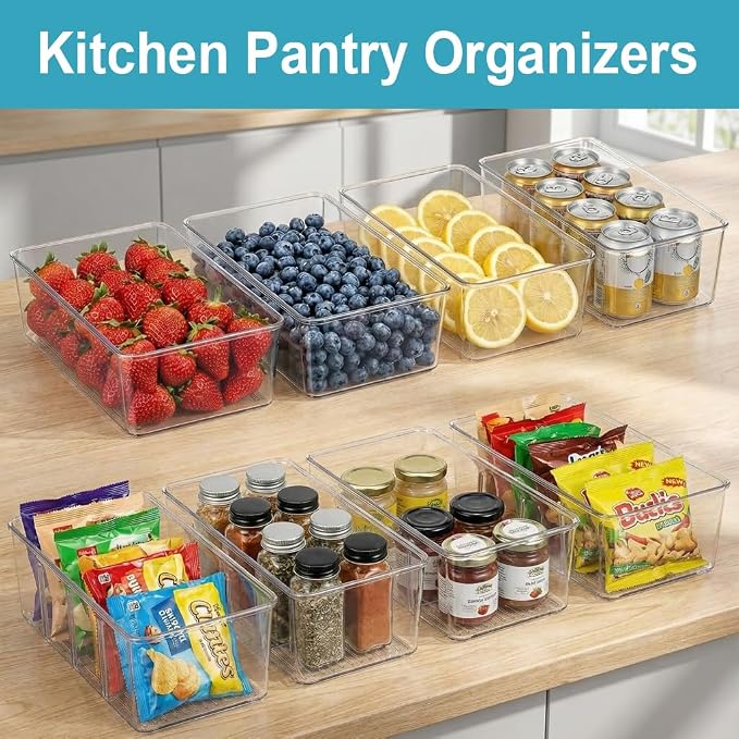 Set of 8 Clear Plastic Storage Bins, 2 kinds size Pantry Organizers - Image 5