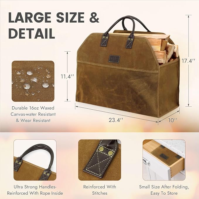 INNO STAGE Heavy Duty Wax Canvas Log Carrier Tote, Large Fire Wood Bag - Image 5