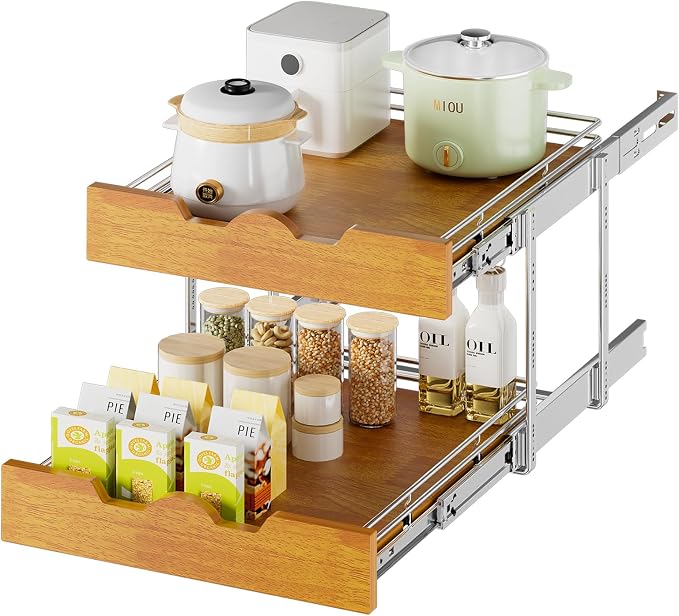 DINDON 2 Tier Pull Out Cabinet Organizer Slide Out Wood Shelf Double Tier by DINDON