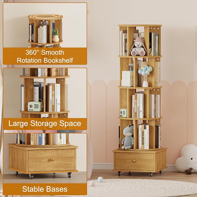 Rotating Bookshelf with Drawers on Lockable Wheels Wood Oak | 5 Tier Spinning - Image 4