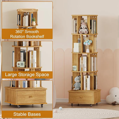 Rotating Bookshelf with Drawers on Lockable Wheels Wood Oak | 5 Tier Spinning - Image 4
