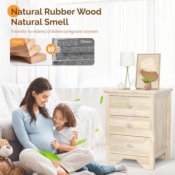 VINGLI Unfinished Rubber Wood Nightstands Set of 2 - Image 3