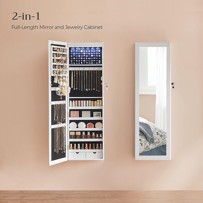 SONGMICS 6 LEDs Mirror Jewelry Cabinet, 47.2-Inch Tall Lockable Wall or Door - Image 3