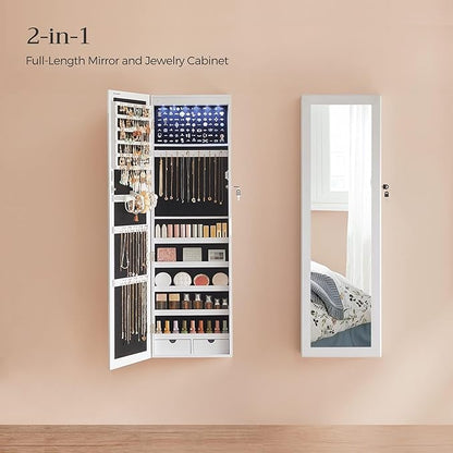 SONGMICS 6 LEDs Mirror Jewelry Cabinet, 47.2-Inch Tall Lockable Wall or Door - Image 3
