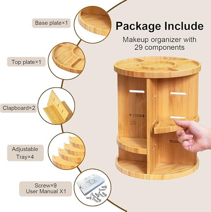 VVW Rotating Bamboo Makeup Organizer, 360 Degree Spinning Adjustable Bamboo - Image 3