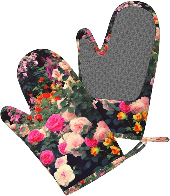 Roses Garden Print Oven Mitts Set of 2, Heat Resistant Silicone Oven Mittens - Image 3