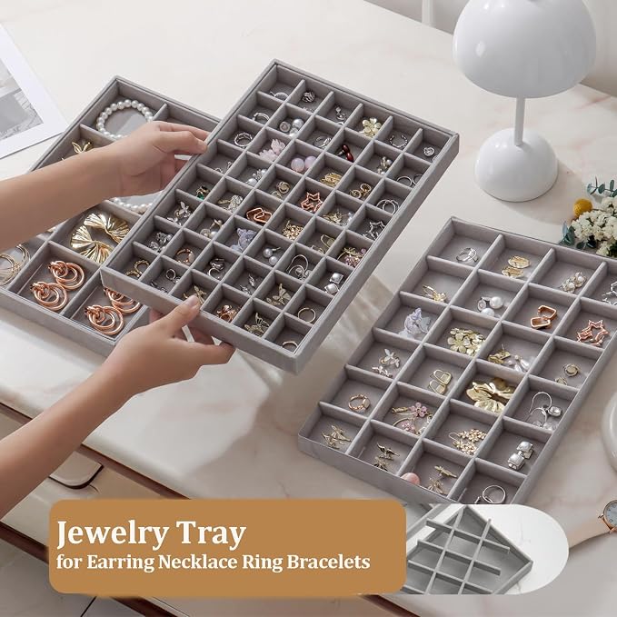 Large Jewelry Drawer Organizer Trays Set of 4, Stackable Velvet Jewelry Trays - Image 5