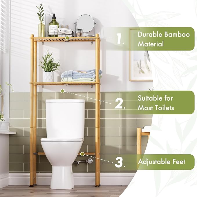 AmazerBath Bamboo Over The Toilet Storage Shelf, 2-Tier Over Toilet Organizer - Image 4