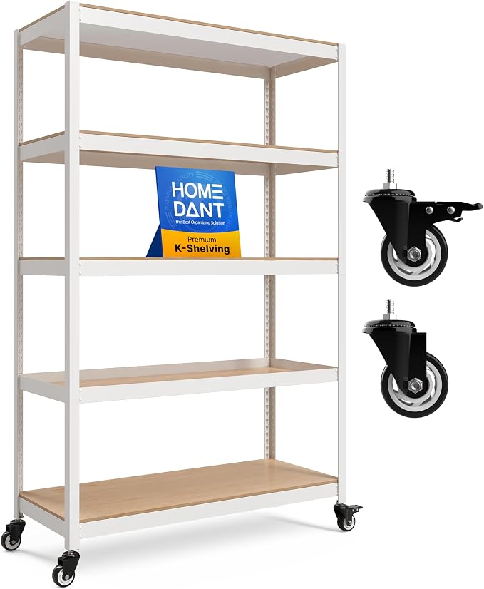 HOMEDANT House White 5-Tier Metal Boltless Rolling Cart Shelf Rack Casters by TheBestOrganizingSolution