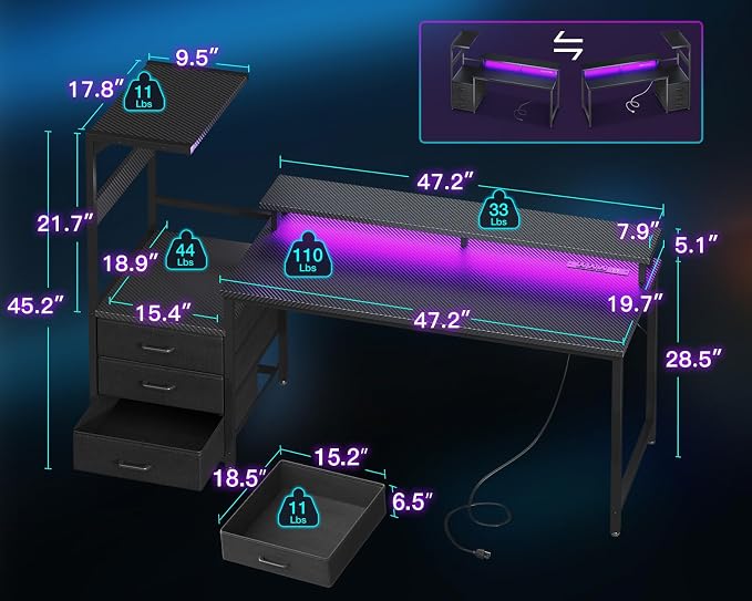 AODK 63 inch Gaming Desk with PC Display Stand, Reversible Steel Wood Computer - Image 3