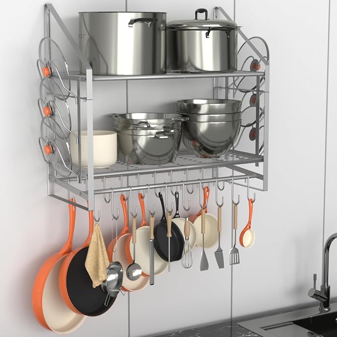 28 Inch Pot Rack Wall Mounted, 2 Tier Pots and Pans Organizer by VyGrow