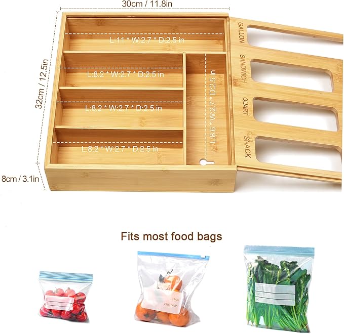 DUJEN Plastic Bag Organizer for Drawer, Bamboo Food Storage Bags Container - Image 2