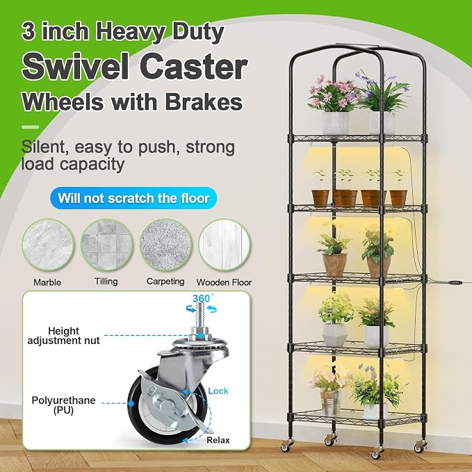 5-Tier Mini Greenhouse with Grow Light, Shelf Height Adjustable Metal Plant - Image 5