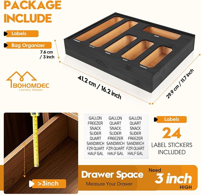 6 in 1 Bamboo Ziploc Bag Storage Organizer, Snack & Freezer Bags, Wall - Image 3