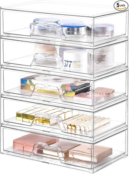 5 Pack Makeup Organizer Stackable, 12.1''L Bathroom Organizer and Storage by Stebopum