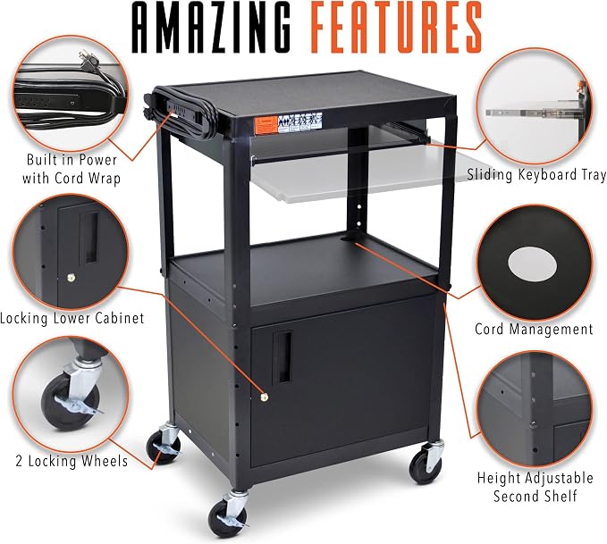 Stand Steady AV Cart with Locking Cabinet, Adjustable Height, UL Certified - Image 2