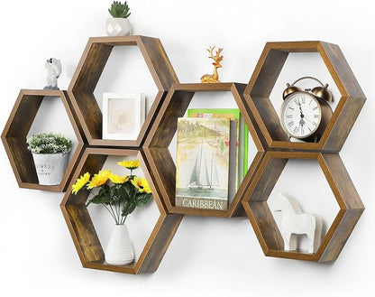 YBING Hexagon Shelves for Wall, Wood Honeycomb Floating Shelves Set of 6 by YBING