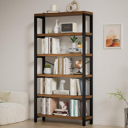 6-Tier Adjustable Heavy Duty Bookshelf, Industrial Wood and Metal Bookshelf by WelcometoIABIFO