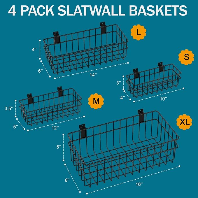 4 Pack Large Size Slatwall Baskets Set, Ventilated Metal Hanging Storage Slat - Image 2